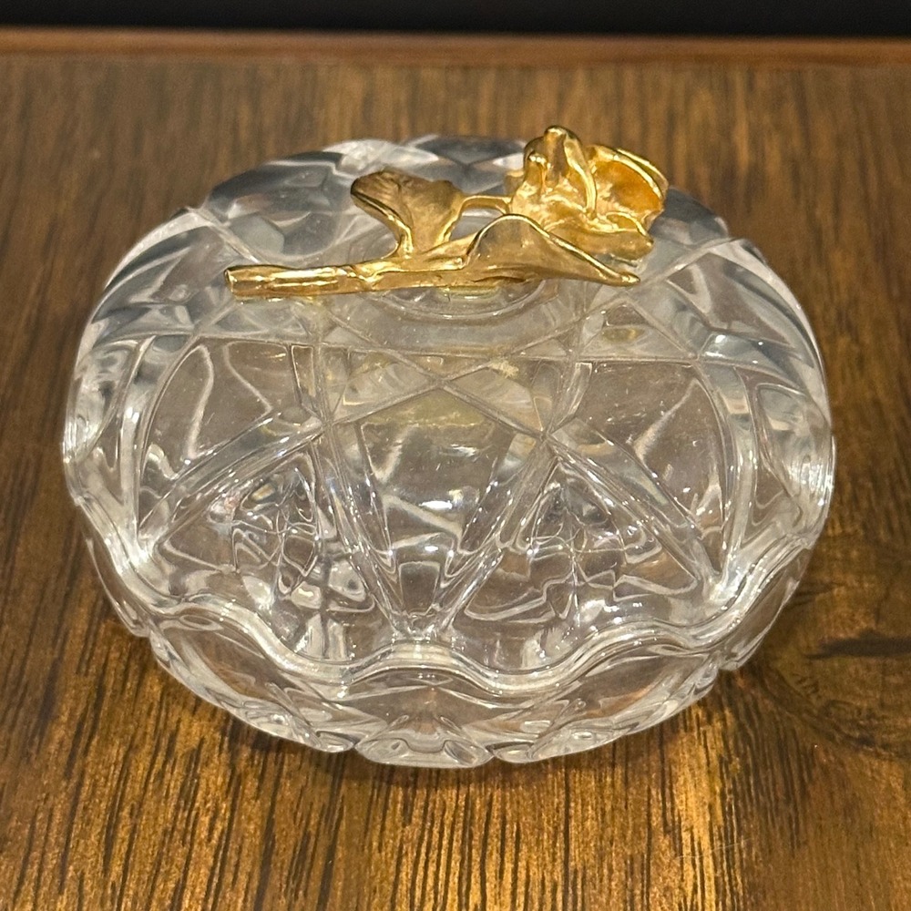 Vintage Lead Crystal Trinket Box Gold Rose Lid Diamond Cut Glass Jewelry Dish